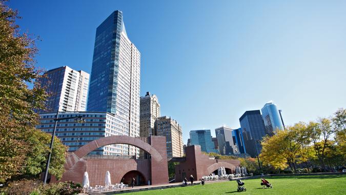 Lower Manhattan skyline seen from Battery Park.