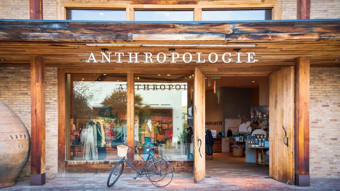 Rancho Cucamonga, USA - November 2, 2022:  The ANTHROPOLOGIE store in fashionable Victoria Gardens is an American clothing and home furnishing retailer.