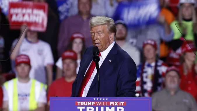 Republican presidential candidate and former US President Donald Trump speaks during a campaign rally in Grand Rapids, Michigan, USA, 04 November 2024.