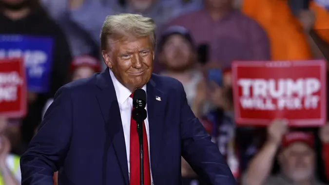 Republican presidential candidate and former US President Donald Trump speaks during a campaign rally in Grand Rapids, Michigan, USA, 04 November 2024.