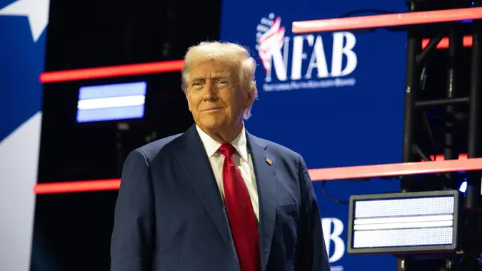 Donald Trump speaks at National Faith Advisory Summit at Worship With Wonders Church near Atlanta Monday.