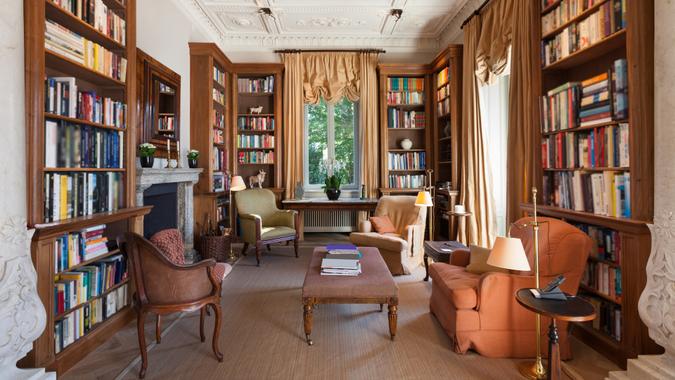 Interiors, classical library in a period mansion.