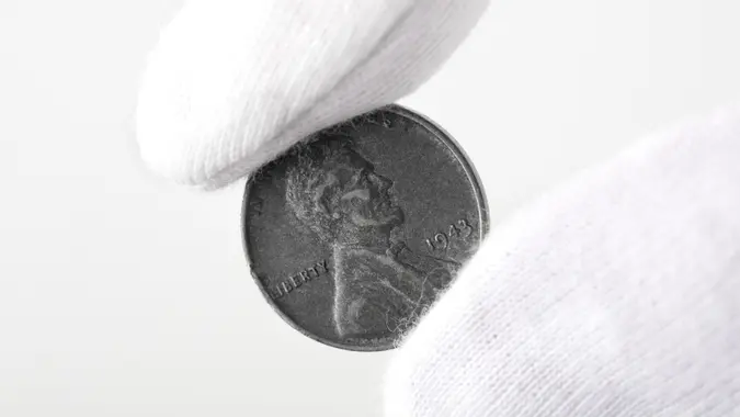 Lincoln steel penny 1943 being displayed, front stock photo