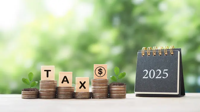 2025 desk calendar, Wooden blocks with the word TAX and plants growing up on stack of coins.