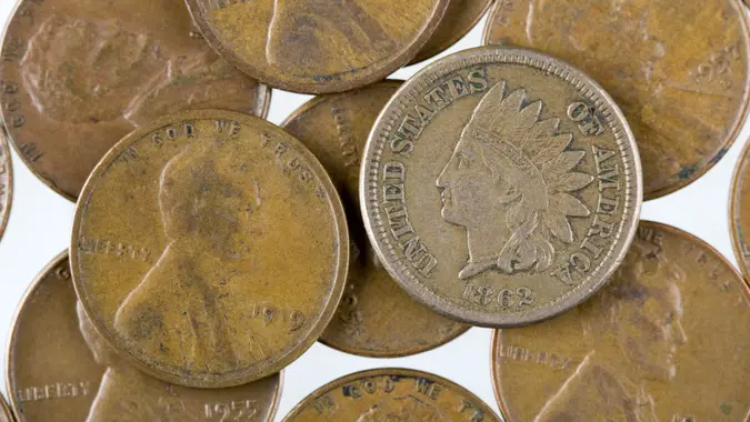 Old United States pennies various dates stock photo