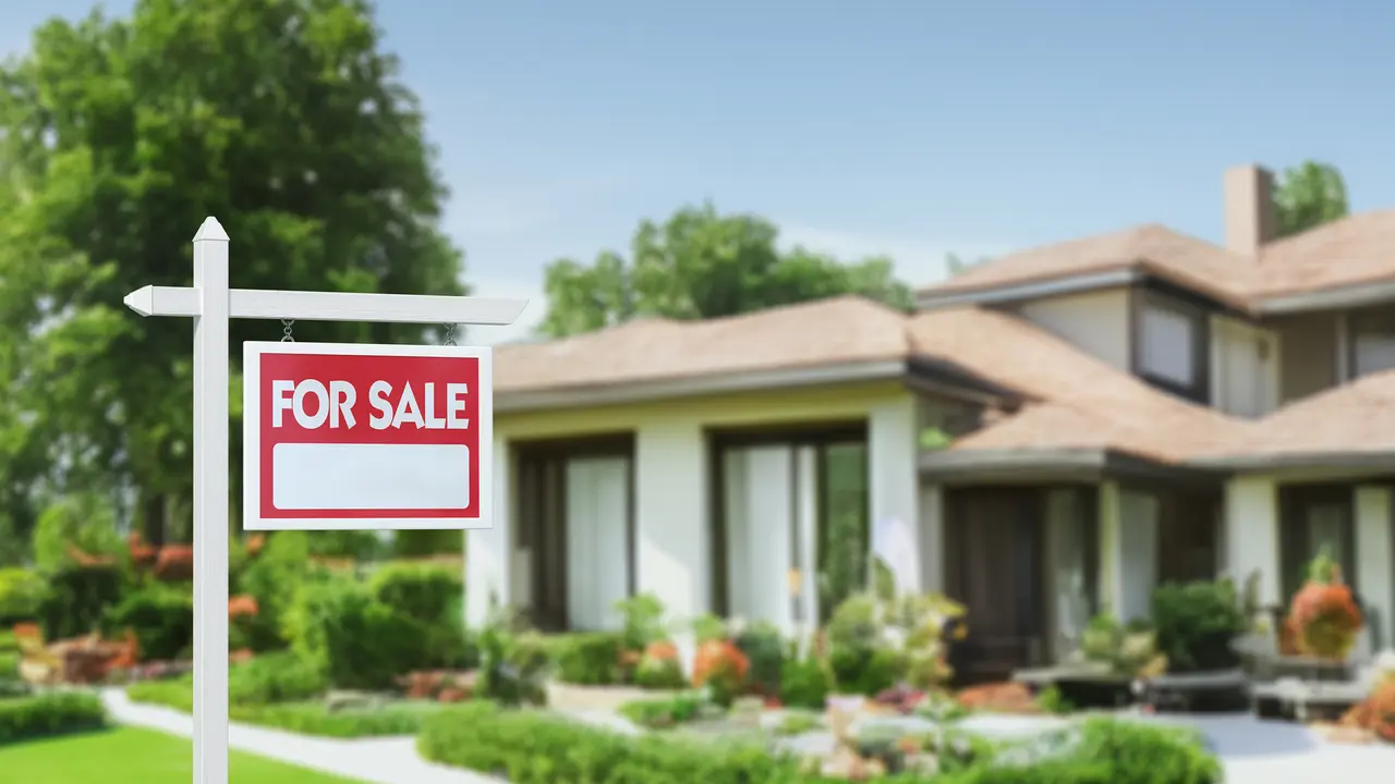 3D-rendered real estate sign with 'For Sale' text, standing in front of a cozy house surrounded by greenery.