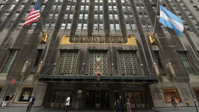 "New York, USA - August 22, 2009: People standing out front the Waldorf Astoria on Park Avenue in New York City.