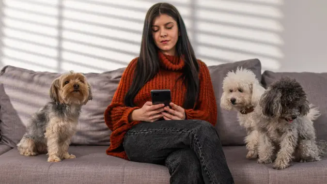 Young woman using phone at home stock photo