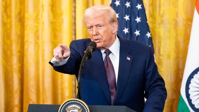 February 13, 2025, Washington, District Of Columbia, USA: President DONALD TRUMP speaking at a press conference at the White House in Washington, D.