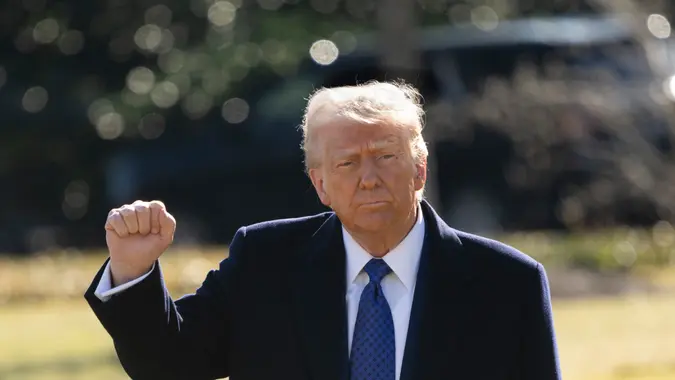 United States President Donald J Trump  departs the White House in Washington, DC, February 14, 2025, headed out to Florida.