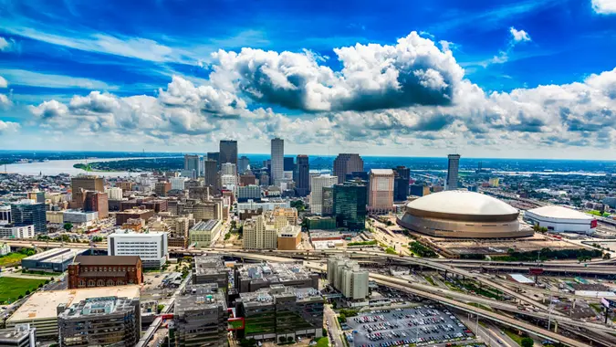 The downtown and surrounding areas of New Orleans, Louisiana shot from an altitude of about 1000 feet during a helicopter photo flight.