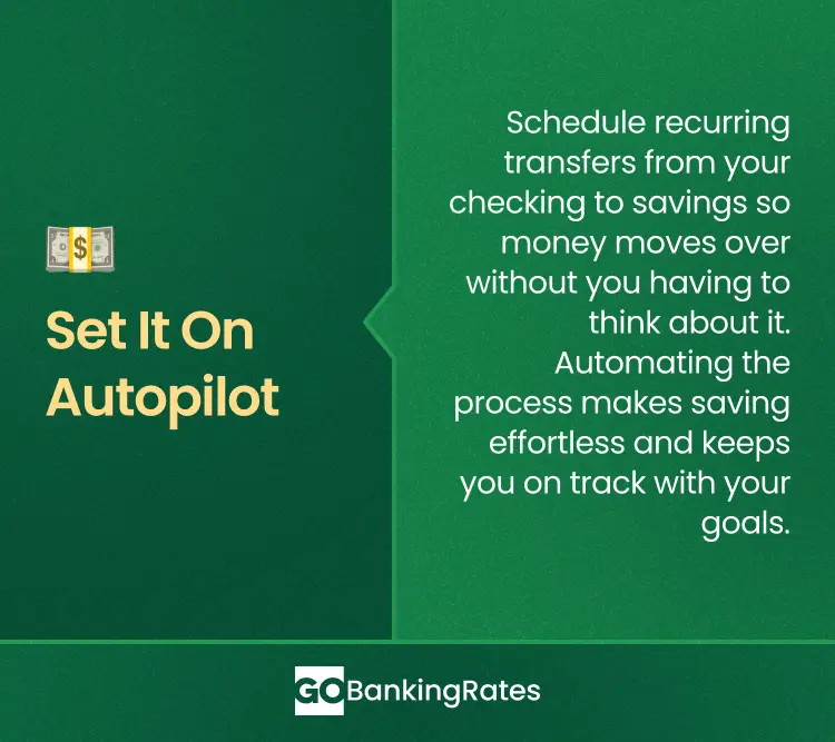 Visual guide to savings accounts with key tips to automate savings.