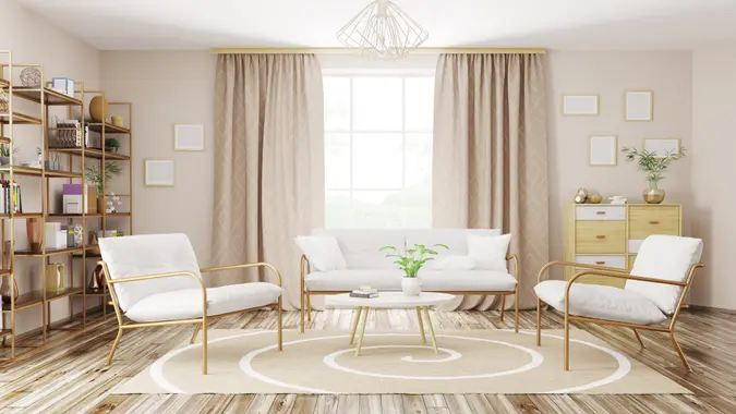 Home interior of modern living room with sofa and armchairs 3d rendering.