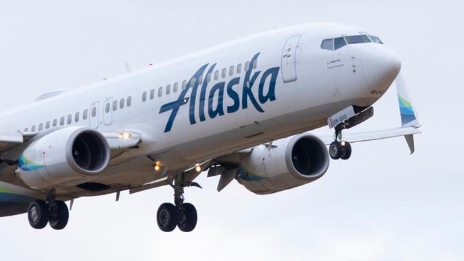 Portland, Oregon, USA - August 20, 2021: An Alaska Airlines 737 coming in for landing at Portland International Airport.