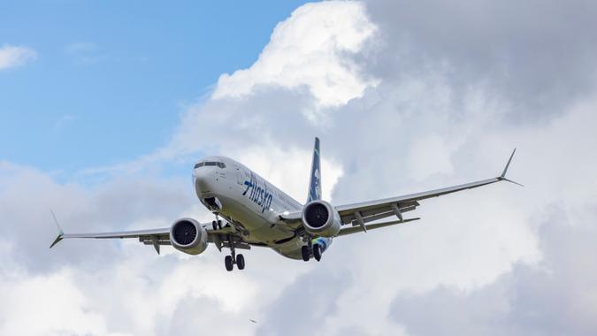 Portland, Oregon, USA - June 15, 2024 : An Alaska Airlines Boeing 737, one of 237 in the Alaska Airlines fleet, comes in for landing at Portland International Airport.