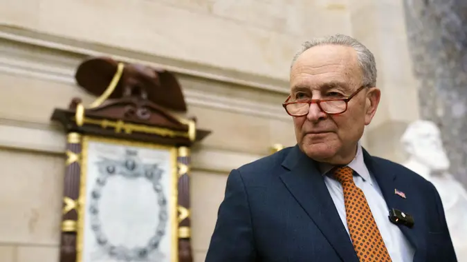 US Senate Minority Leader Chuck Schumer speaks to the media at the US Capitol, Washington, DC, USA, 12 February 2025.