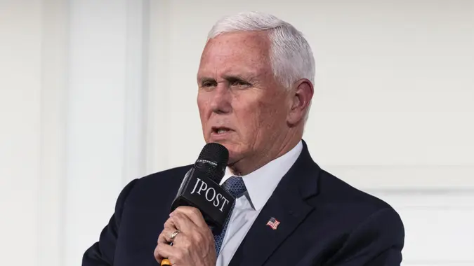 Former Vice President Mike Pence speaks during an interview with editor-in-chief Zvika Klein at Jerusalem Post conference at 583 Park Avenue in New York on June 3, 2024.