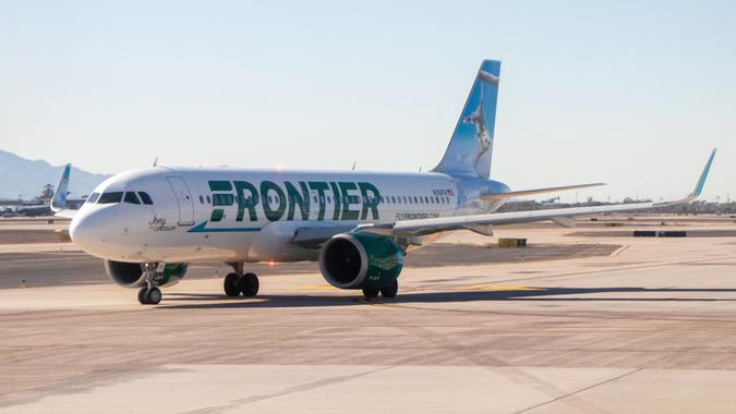 Phoenix, Arizona, USA - February 11, 2020: Headquarters in Denver, Colorado, Frontier Airlines operates primarily domestic services in the USA using Airbus A319, Airbus A320, and Airbus A321 aircraft.