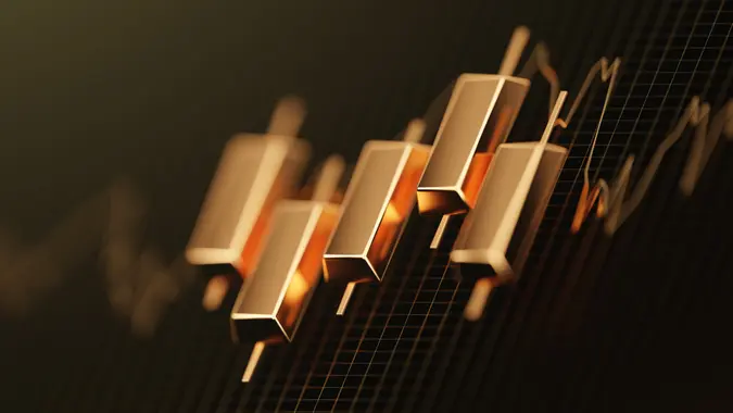 Business gold candlestick investment stock exchange wealth financial concept on 3d golden trade market background of growth finance chart success commercial graph diagram or savings trading value. stock photo