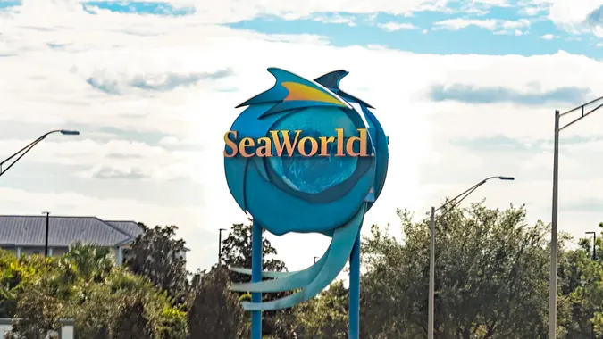 Billboard road highway sign for Seaworld Theme entertainment amusement attraction park in Florida stock photo