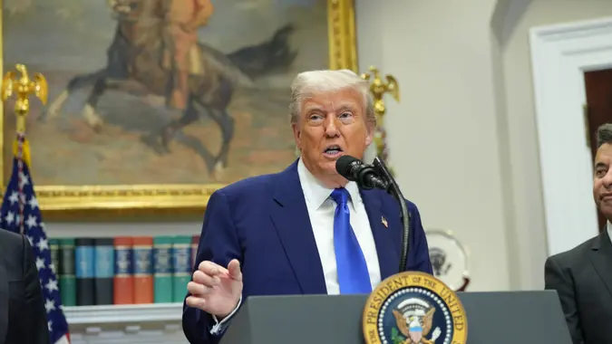 President Donald Trump takes questions before signing an executive order aiming to lower the cost of prescription drugs during a press conference in the Roosevelt Room of the White House in Washington, DC on Monday, May 12, 2025.