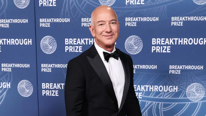 American entrepreneur, business magnate, Founder and Executive chairman of Amazon Jeff Bezos arrives at the 11th Annual Breakthrough Prize Ceremony 2025 held at the Barker Hangar on April 5, 2025 in Santa Monica, Los Angeles, California, United States.