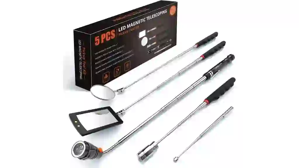 Telescoping Magnetic Pick Up Tool with 1 lb and 15 lb Pickup Rod, Round and Square 360 Swivel Adjustable Inspection Mirror and Flexible LED Flashlight, Fathers Day Gifts for Dad, Him, Husband, Men