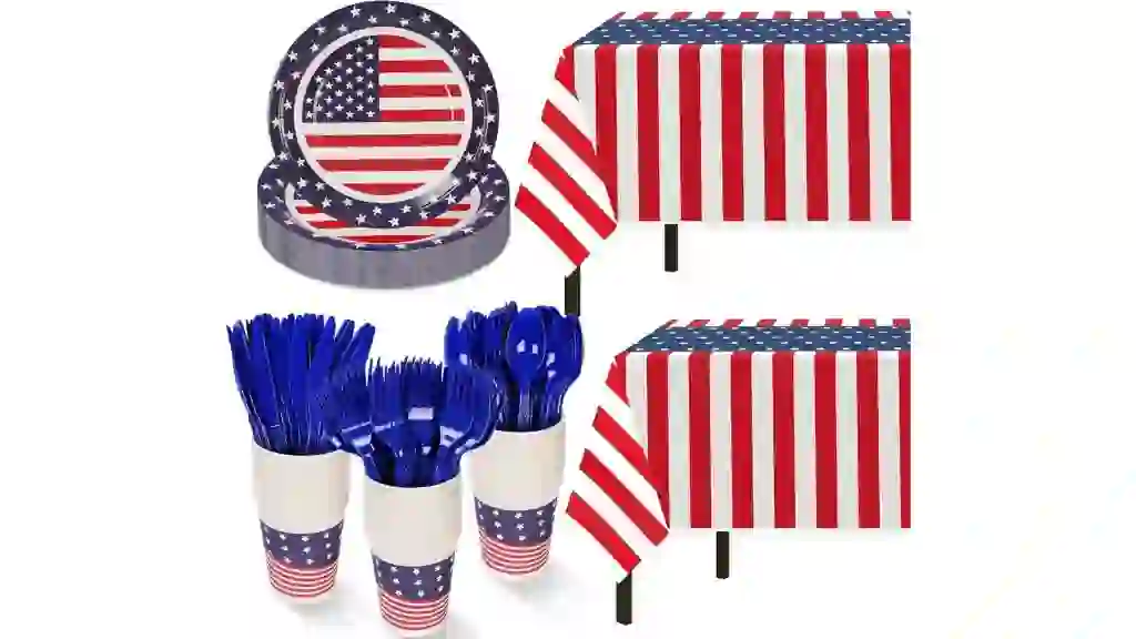 Childom Patriotic Party Supplies,152Pcs American Flag Themed Party Set,Patriotic Party Decorations,American Flag Tablecloth,4th of July Plates Cups,Red White and Blue Decor for Outside,Picnic,Memorial