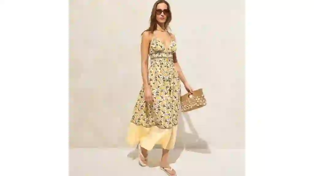 Cotton voile plunge maxi dress in daffodil daze block print