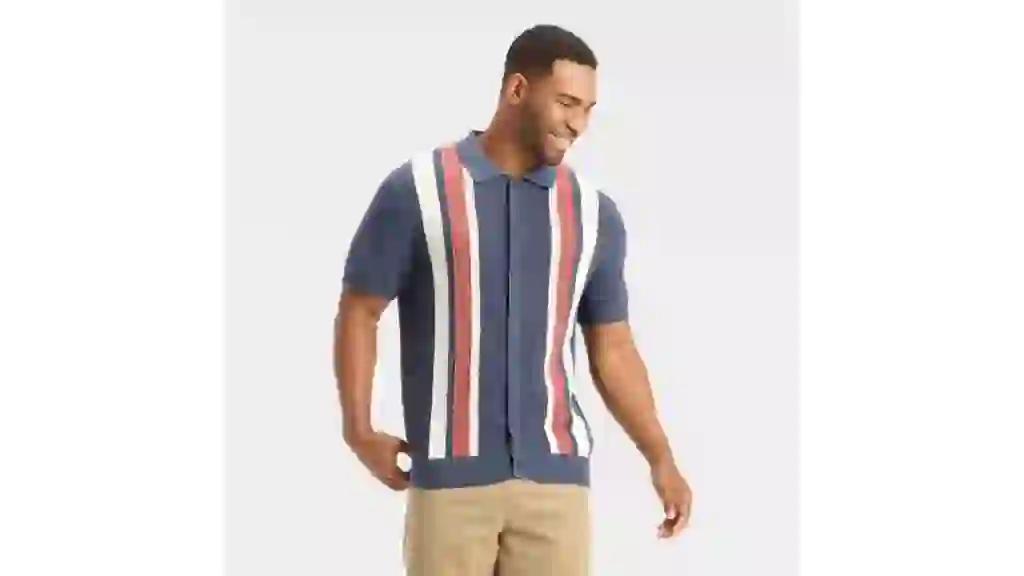 Men's Striped Full Button Sweater - Goodfellow & Co™ Navy Blue