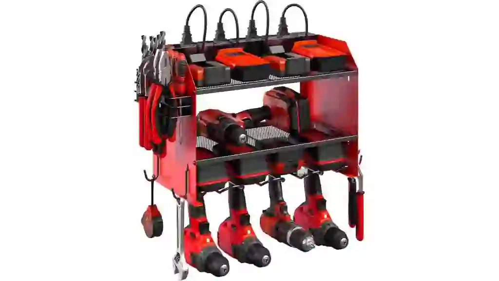 CCCEI Modular Power Tool Organizer Wall Mount with Charging Station. Garage 4 Drill Storage Shelf with Hooks, Screwdriver, Drill Bit Heavy Duty Rack, Tool Battery Holder Built in 8 Outlet Power Strip.
