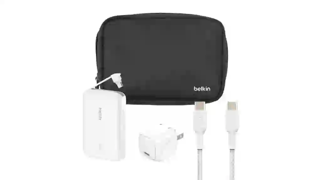 Belkin Travel Bundle - 10K Power Bank with Integrated USB-C Cable, 30W USB-C Wall Charger, USB-C/C Cable & Travel Pouch