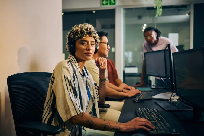 Young female software developer concentrating on her computer, wearing headphones, with colleagues collaborating in the background.
