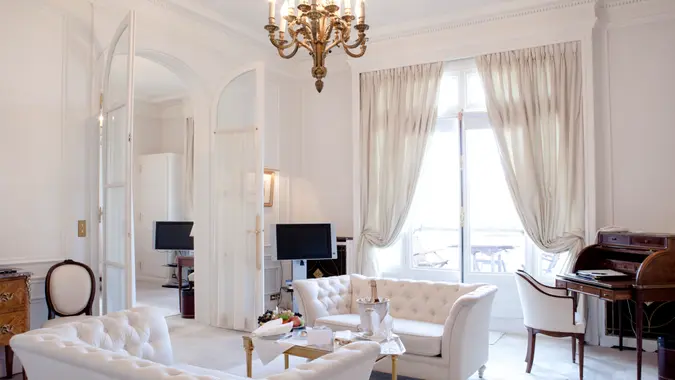 Luxurious living room of a hotel suite.