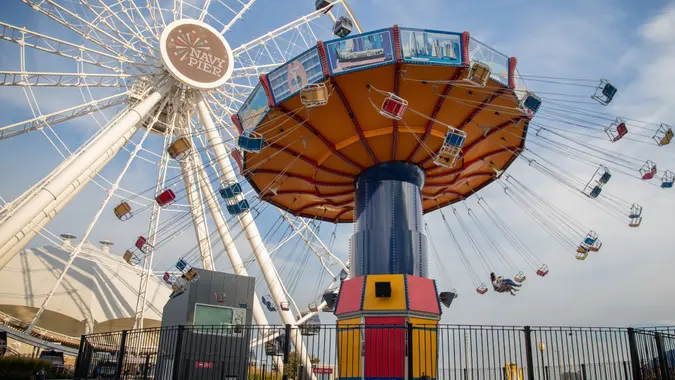 Low angle shot of the Navy Pier Rides that is open for the public again stock photo