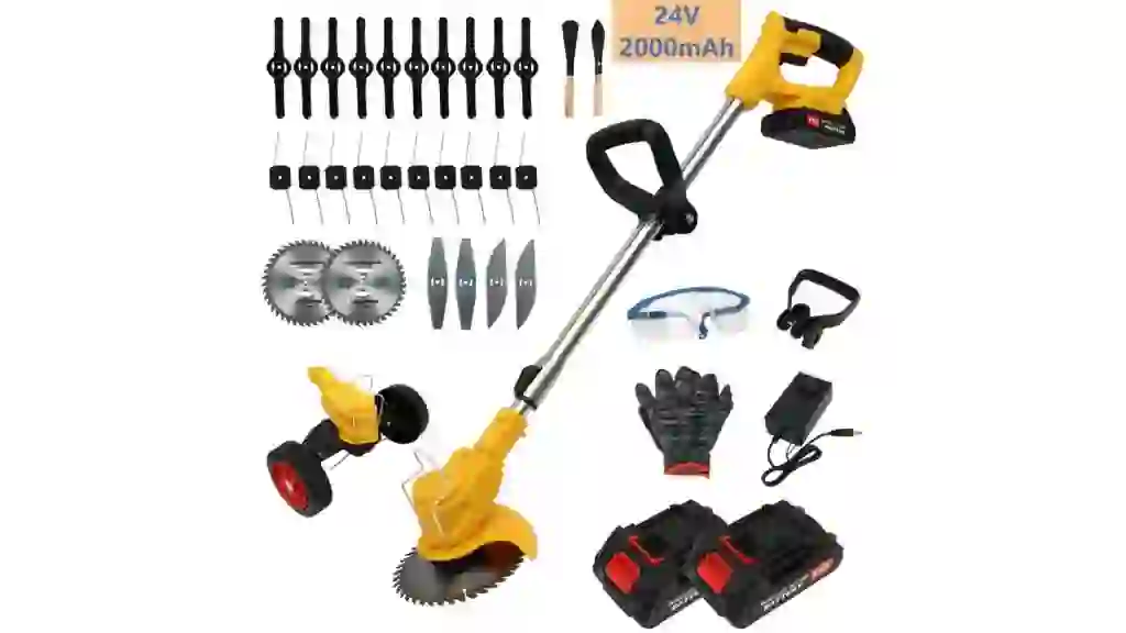 650W Weed Trimmer Cordless, 24V 2000mAh Battery Operated Weed Eater Electric Grass Trimmer with Wheels, 3 in 1 Battery Powered Weed Wacker with 3 Types Blades for Yard Garden, Yellow