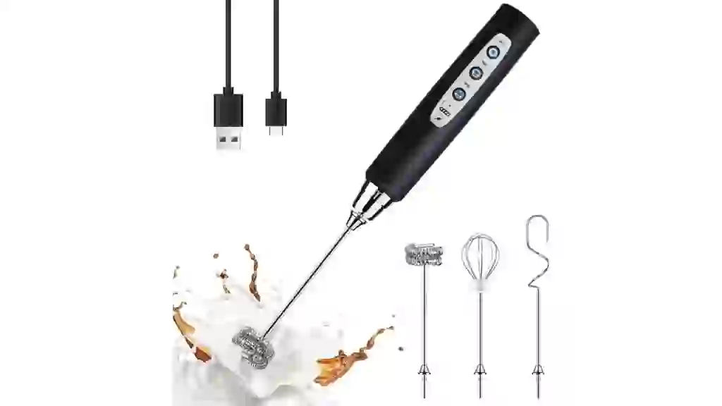 YUSWKO Black Handheld Milk Frother Wand for Coffee, Rechargeable Electric Whisk with 3 Heads 3 Speeds Drink Mixer Coffee Frother For Latte, Cappuccino, Hot Chocolate, Egg