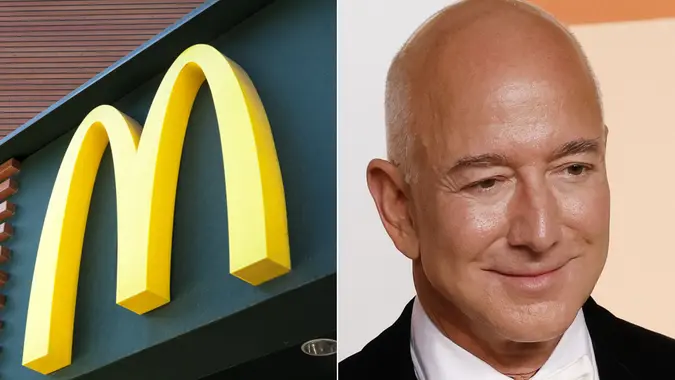 A McDonalds store logo alongside a portrait of Amazon founder Jeff Bezos.
