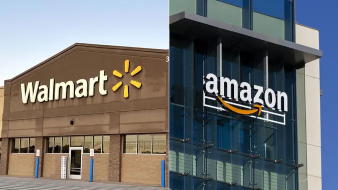 A double paneled picture of a Walmart storefront and a corporate Amazon building.