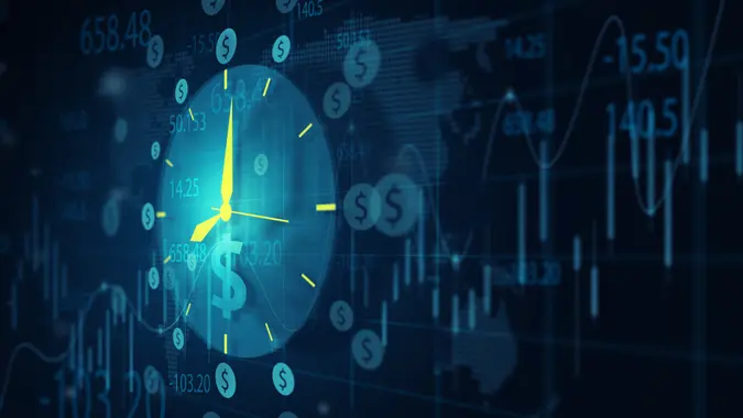 Illustration of Clock with dollar icon on business financial stock exchange screen display.