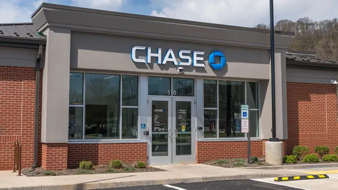 Harmar Township, Pennsylvania, USA April 14, 2024 The Chase Bank branch office on a sunny spring day.