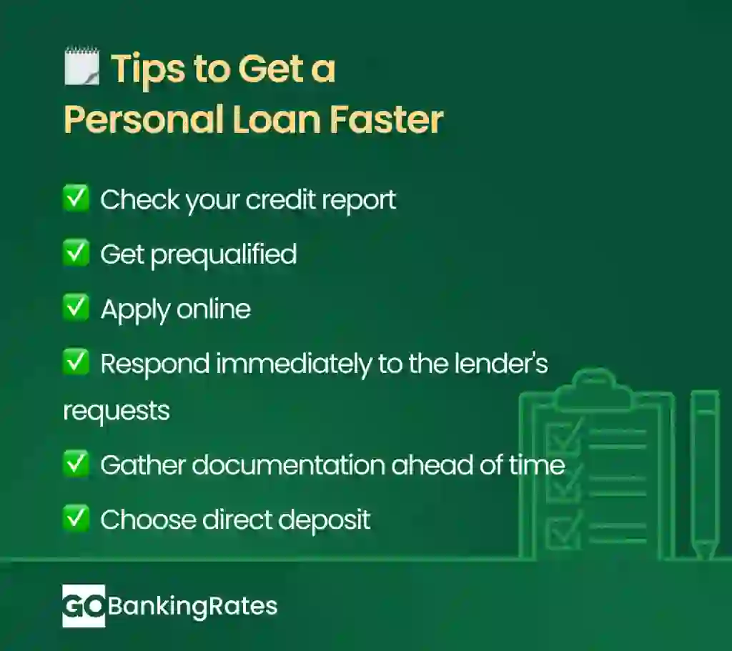 A chart on how to get a personal loan faster. Tips include checking credit, applying online, and gathering docs.