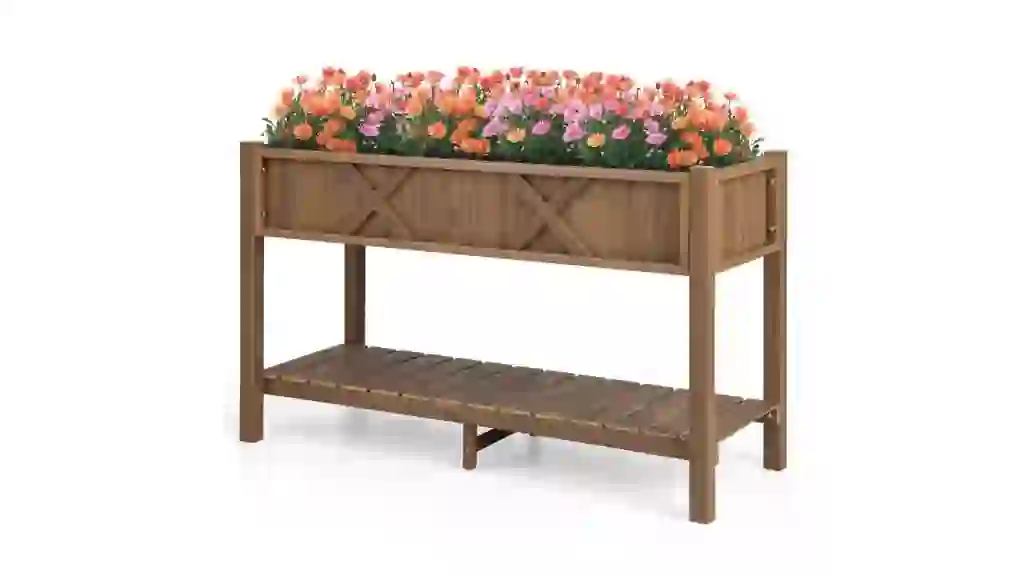 Costway HIPS Raised Garden Bed Poly Wood Elevated Planter Box with Legs, Storage Shelf Blue/Coffee/Black