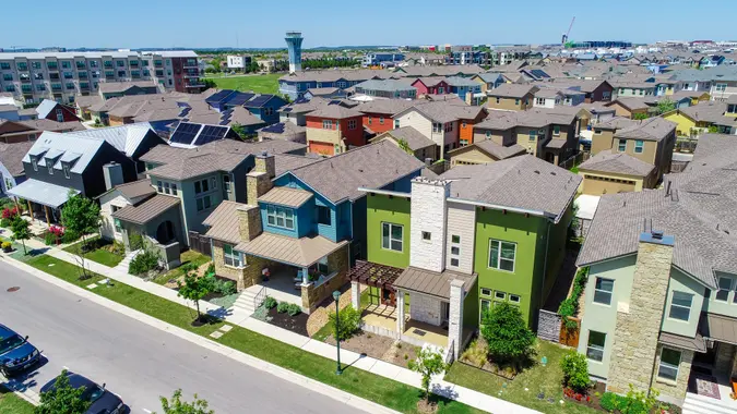 Colorful Mueller Suburb Solar Panel Rooftops and Modern Austin Living stock photo