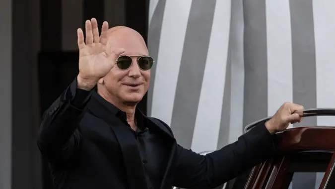 Jeff Bezos, Lauren Sanchez leave Aman Hotel to going to Arsenale, where it will be held the after party at ahead of the wedding of Jeff Bezos and Lauren Sanchez on June 28, 2025 in Venice, Italy.