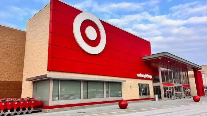 Outside of a Target store with shopping carts in the front.