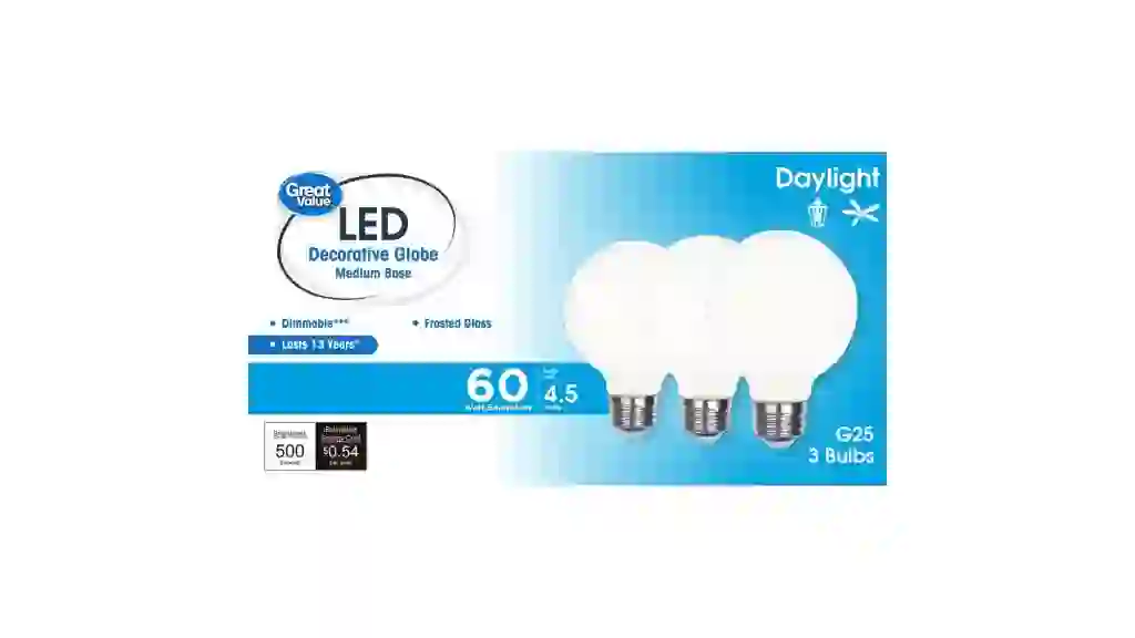 Great Value LED Bulb, 4.5-Watt (60W Equivalent) G25 Deco Bulbs E26 Base, Daylight, 3-Pack