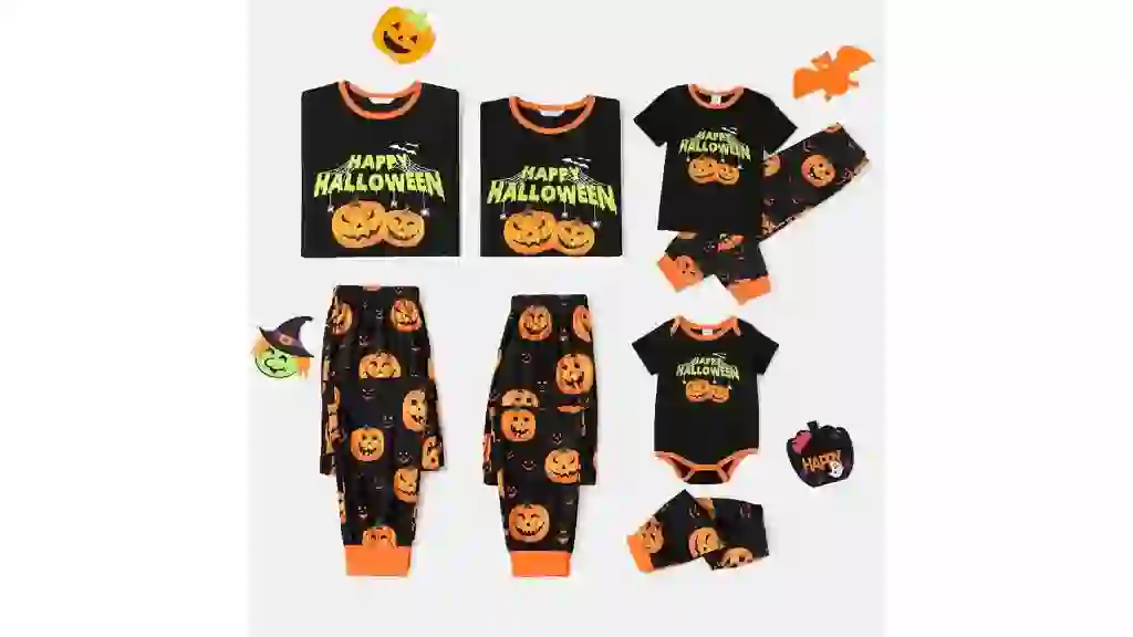 PatPat Halloween Pajamas Family Matching Pumpkin Print Short-sleeve Holiday Pj Sets for Baby Girls Boys, Black, 6-7 Years