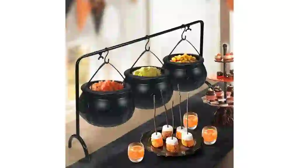 Halloween Decoration Witches Cauldron Serving Bowls on Rack Set of 3 Black Plastic Candy Bucket for St. Patrick's Day Indoor Outdoor Home Kitchen Decoration