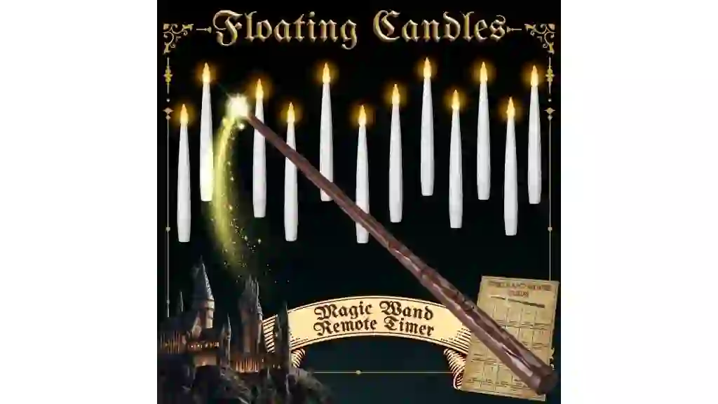 COCOBELA Floating Candles with Wand Remote Timer - Magic LED Hanging Flameless Taper Candles Flickering Battery Operated for Birthday Theme Party Home Window Decor - White 12 Pack